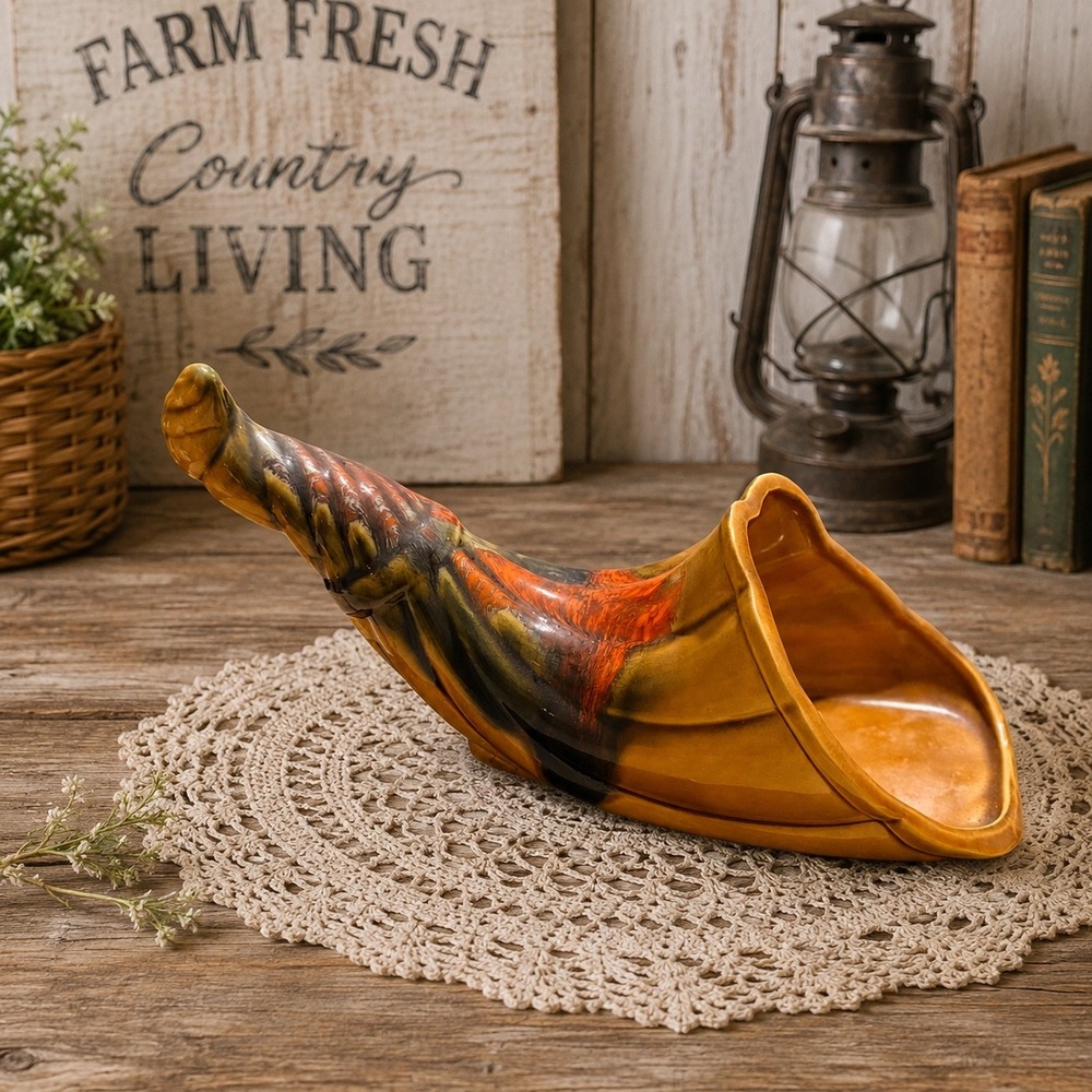 Vintage De‎ Forest of California Ceramic Cornucopia Horn Drip Glaze Harvest Gold